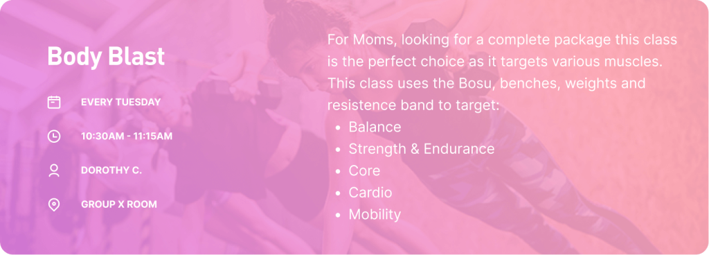 Body Blast group exercise class at vision sports club that uses the Bosu, benches and resistance bands to increase strength and endurance.