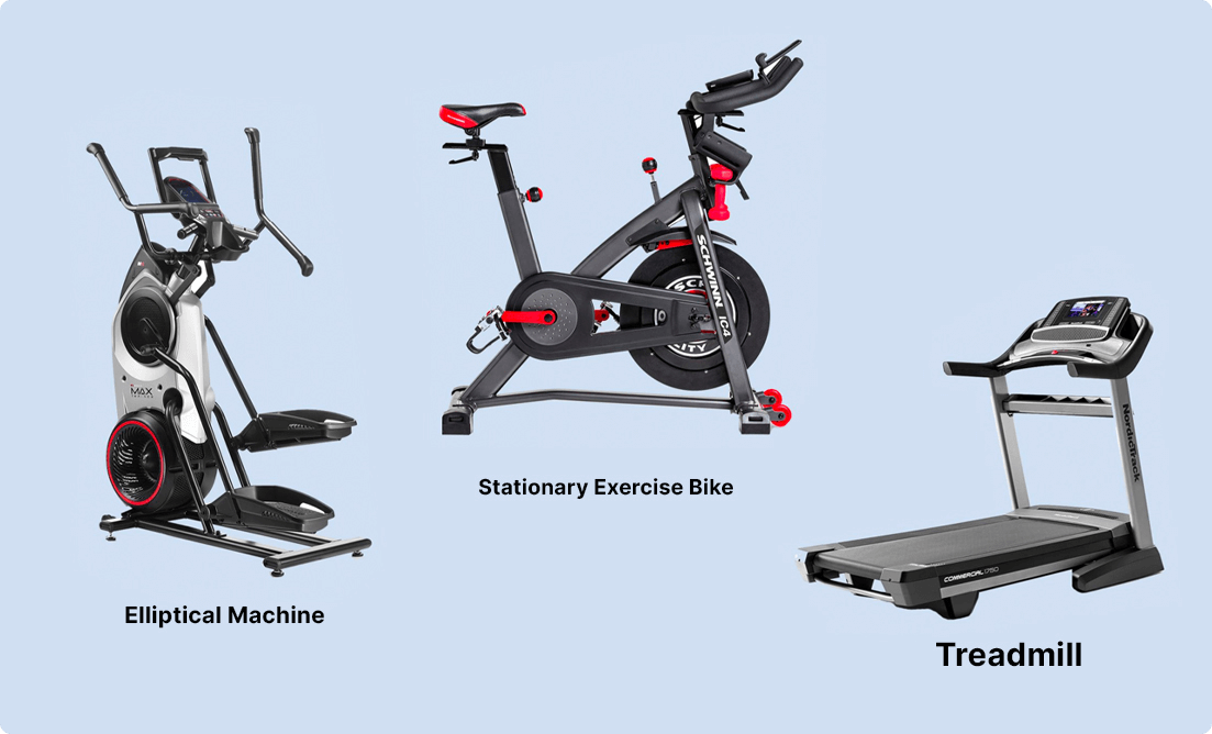  cardio related equipment including elliptical machine, Treadmill and stationery Exercise bike.