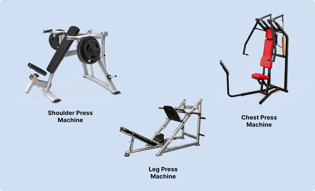 three different types of resistance machines including Shoulder press machine, Chest Press Machine and Leg press machine.