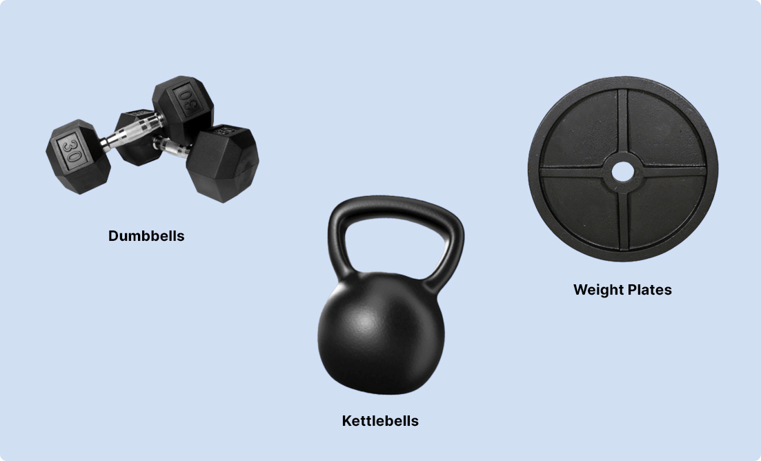 A picture containg free weights equipment including dumbbells, kettlebells and weight plates