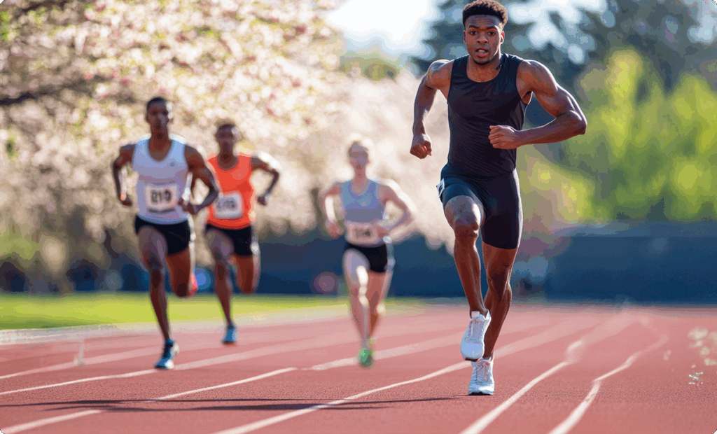 Athlete sprinting on track and pushing his limits with vision elite training